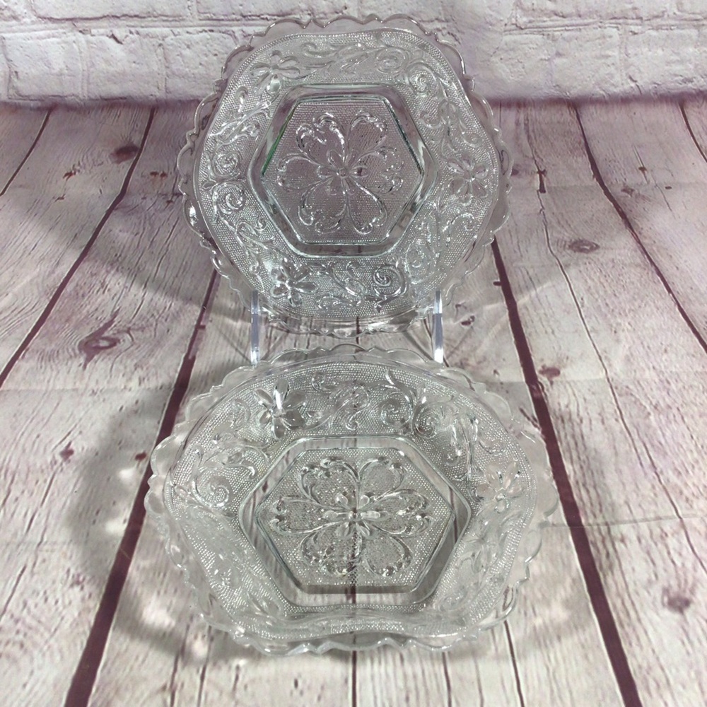 Vintage Clear Glass Textured Floral Scalloped Edge Hexagon Shaped Bowls Set of 2